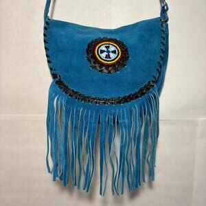 Vintage Turquoise Blue Suede Fringe Satchel, Beaded Native American Boho